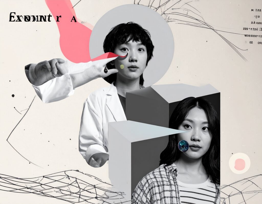 AI genrated conceptual image of two women’s faces with experimental graphics in black and cream depicting identity subversion. The image is surreal feature image for the article about knowing what you stand for.