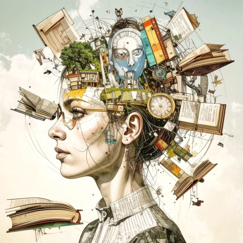 digital illustration of a head profile with cluster of books and thinking objects depicting a thinking process in soft muted tones with splashes of colour - for the article titled ‘ Do consumers know the difference between a brand and logo?’