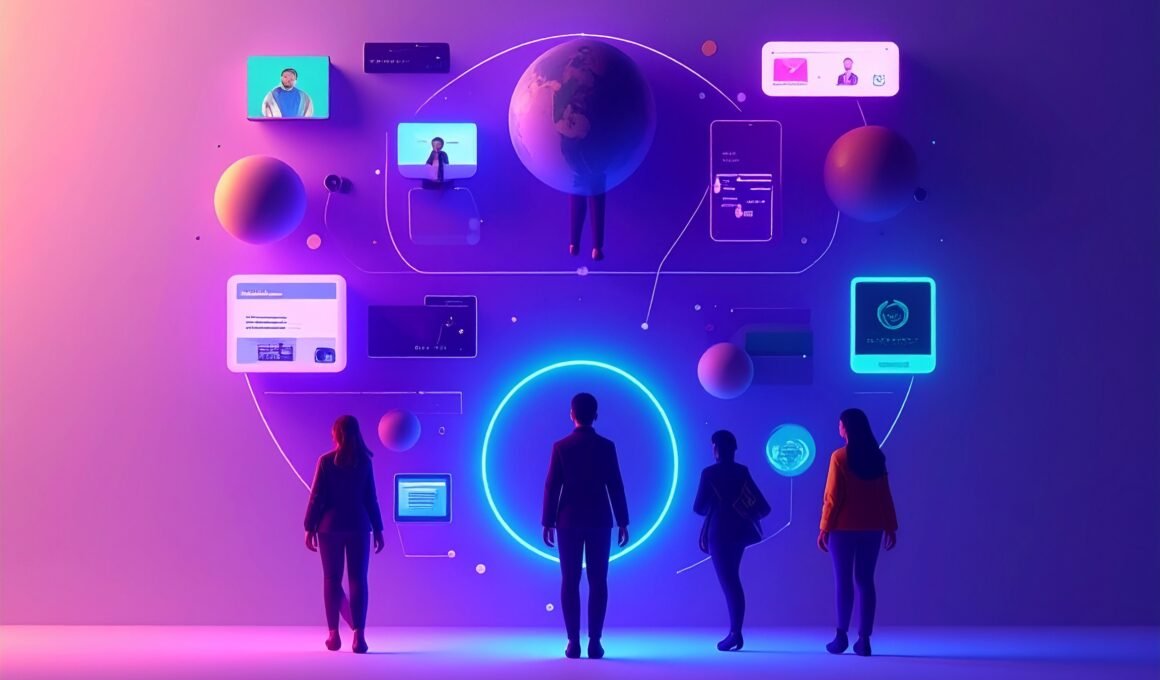 Niche blogging platforms to choose from - purple and hot pink fluorescent colour screens and human figures viewing the diversity