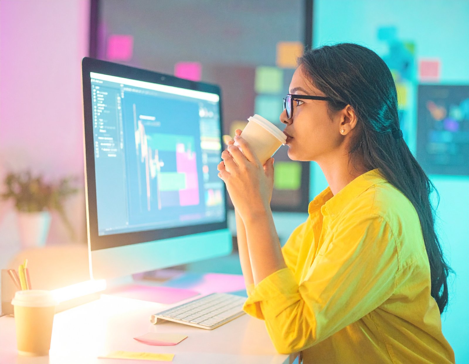 An asian female sipping her coffee while looking at her iMac screen, depicting adding quizzes to her Wordpress site.