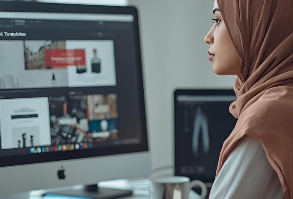 Non-designer sitting at her desk. A Muslim woman looking at iMac desktop screen with graphics on the screen or interface.