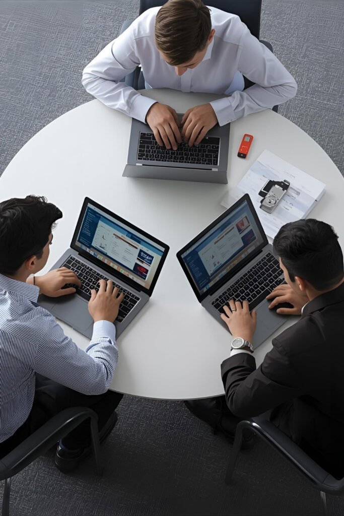 Teams working on design from laptops at a round table showing team skills diversity