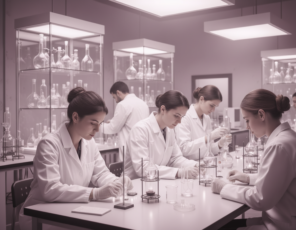 A laboratory setting with men and women sitting at lab tables performing mock experiments - used Asa metaphor for testing the viability of a niche idea