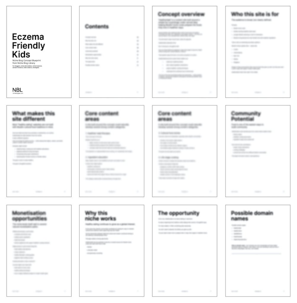 Eczema Kids blog idea - Thumbnails of pages found in NBL_Eczema Friendly Kids Concept Blueprint. Some pages are blurred for paywalled content.