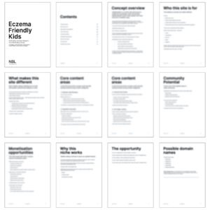 Eczema Kids blog idea - Thumbnails of pages found in NBL_Eczema Friendly Kids Concept Blueprint. Some pages are blurred for paywalled content.