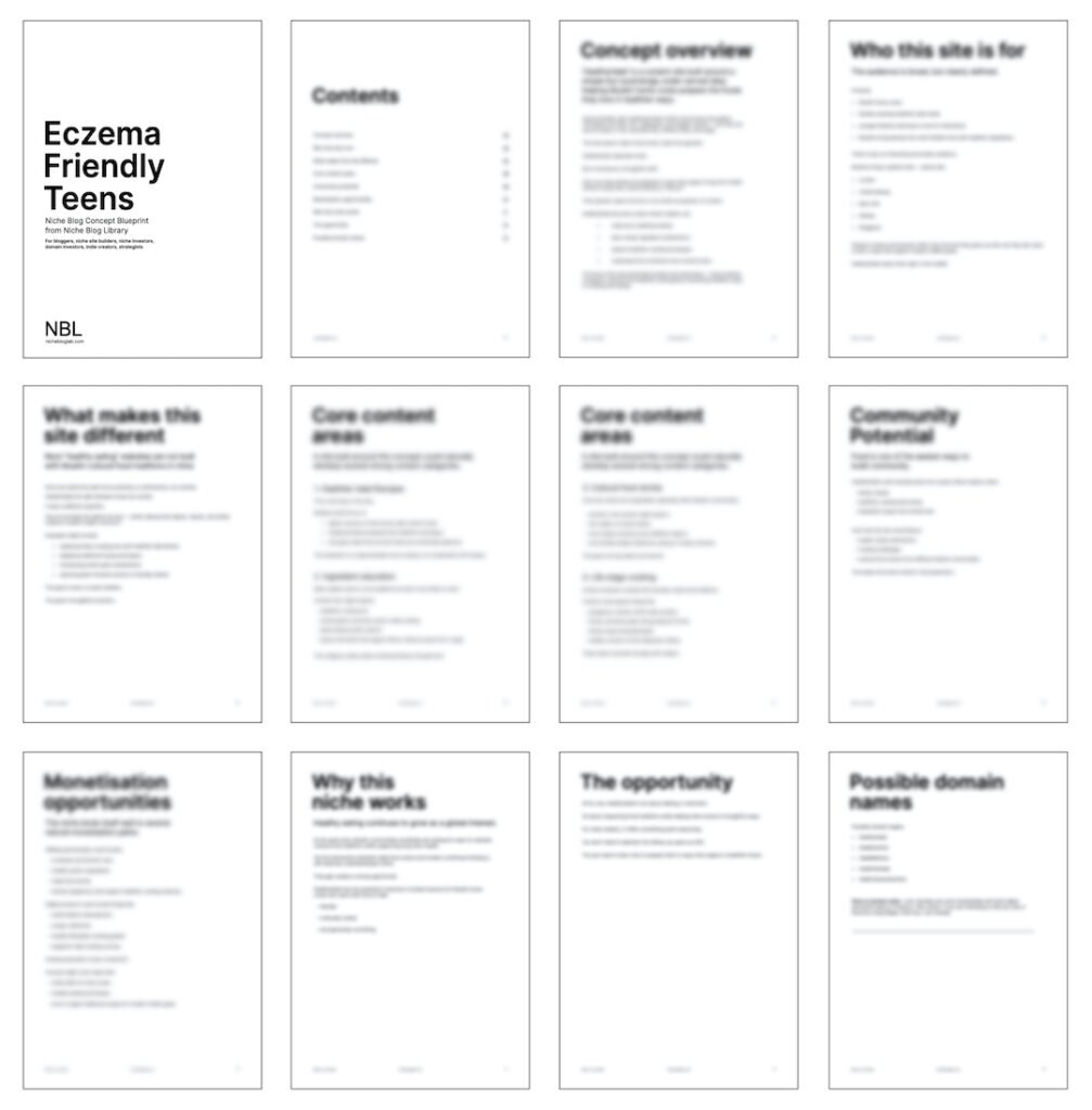 Eczema Teens blog idea - Thumbnails of pages found in NBL_Eczema Friendly Teens Concept Blueprint. Some pages are blurred for paywalled content.
