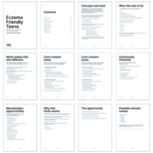 Eczema Teens blog idea - Thumbnails of pages found in NBL_Eczema Friendly Teens Concept Blueprint. Some pages are blurred for paywalled content.
