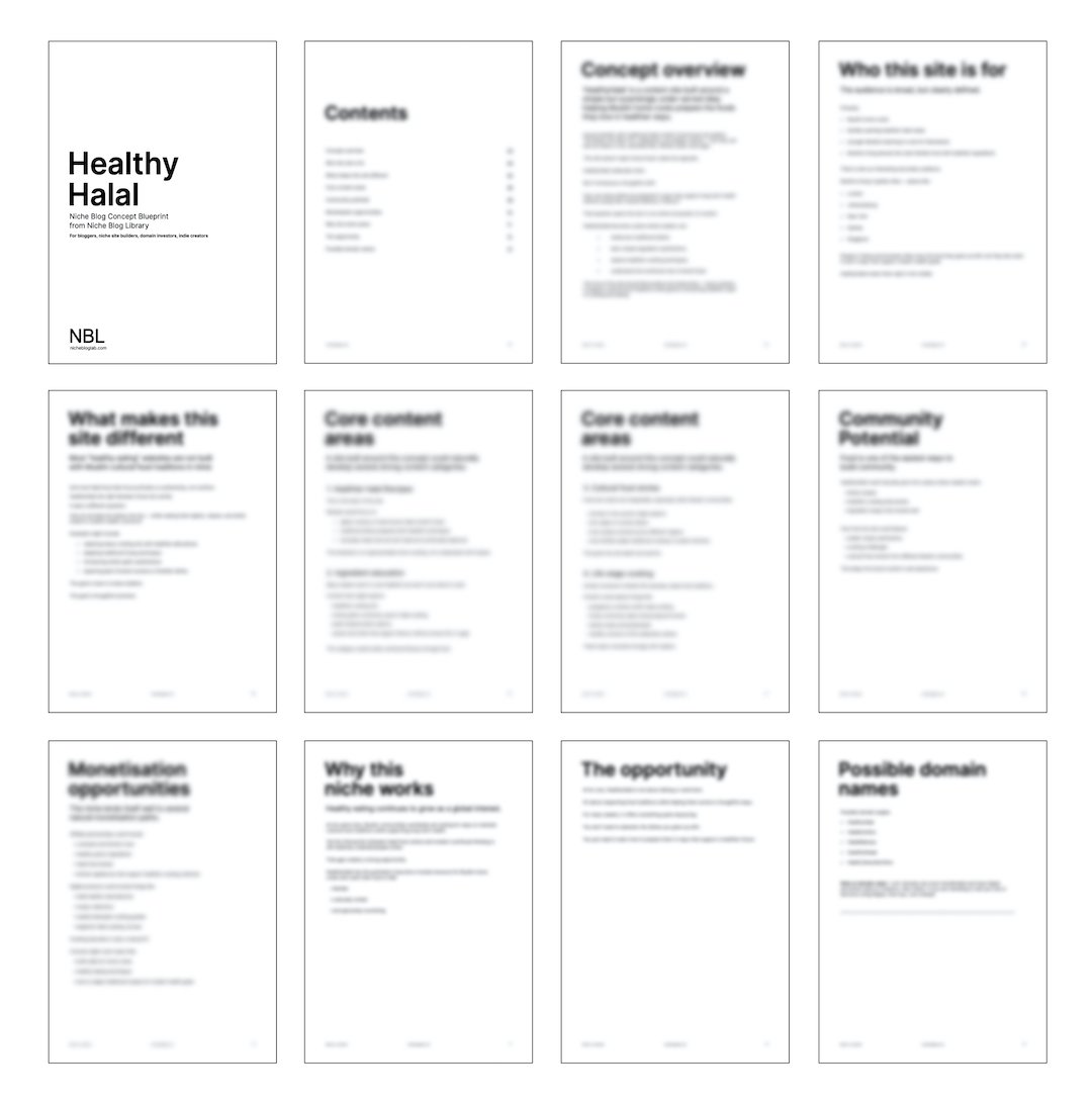 Thumbnail image of e-book product pages included - blurred pages of gated content of Healthy Halal Concept Blueprint.