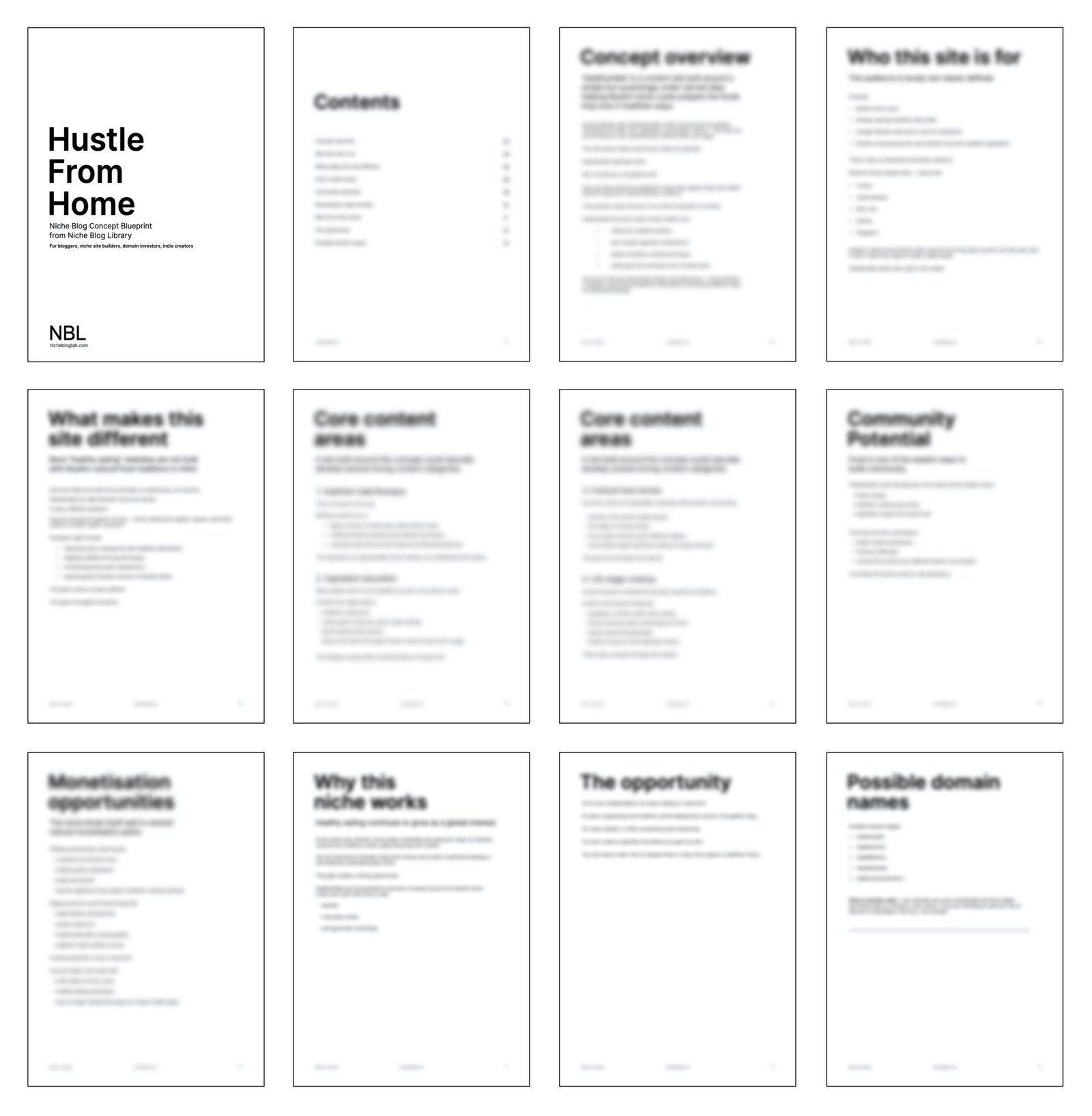 Thumbnail image of e-book product pages included - blurred pages of gated content of NBL Hustle-From-Home Concept Blueprint.