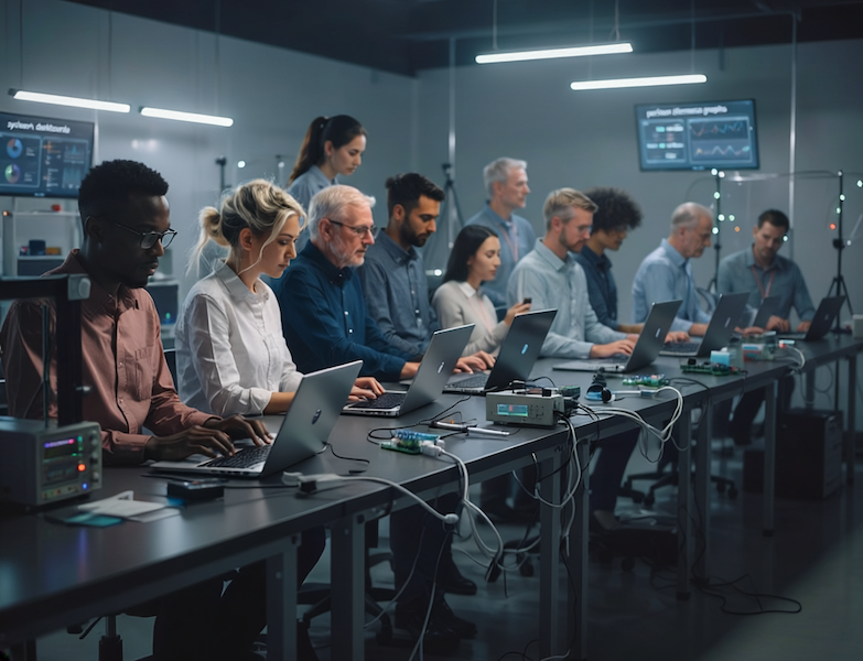Full colour image of bloggers in a coding lab - all ages and multi-racial. 'How much do bloggers make per month' article.