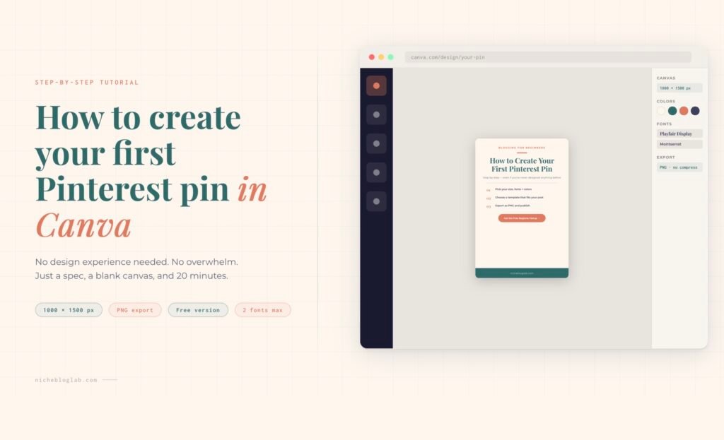 Flat lay of ‘ How to create your first Pinterest Pin in Canva - Step-by-step’ with a mockup of the canvas interface to show the design process.