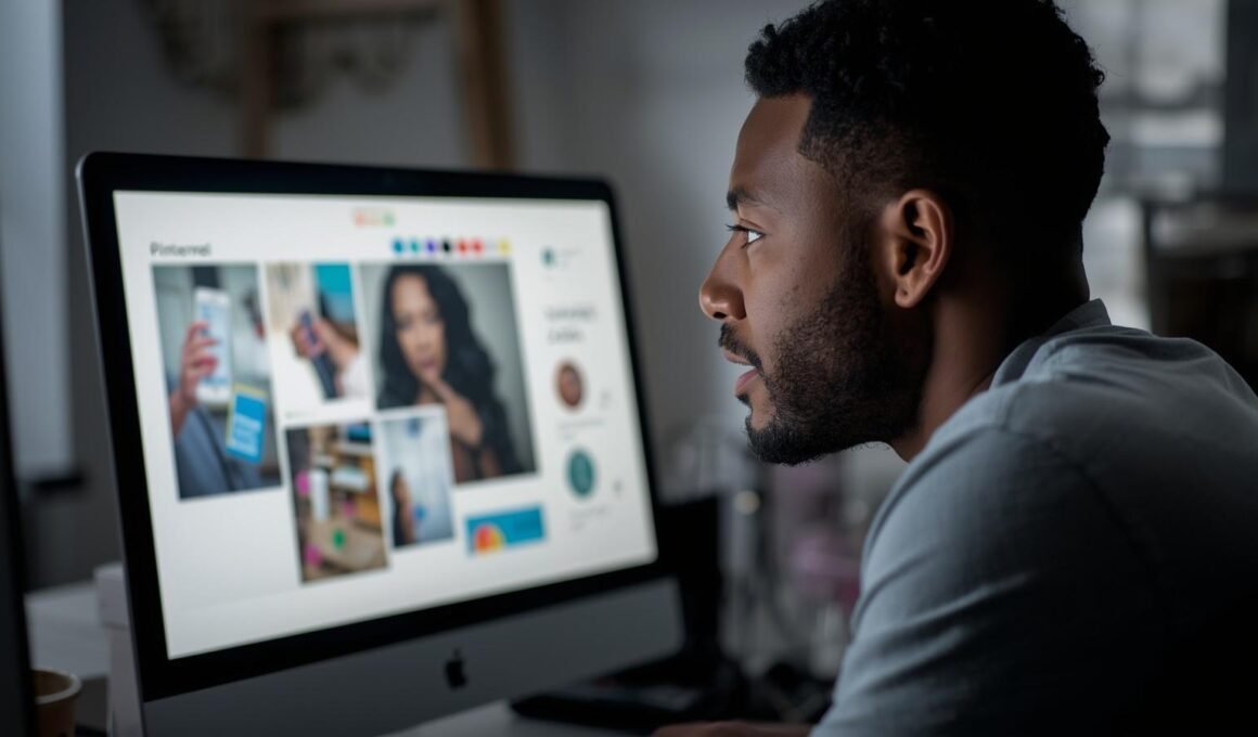 Young black man looking at screen with his Pinterest image designs for How to create your first Pinterest Pin in Canva - Step-by-step’ article.
