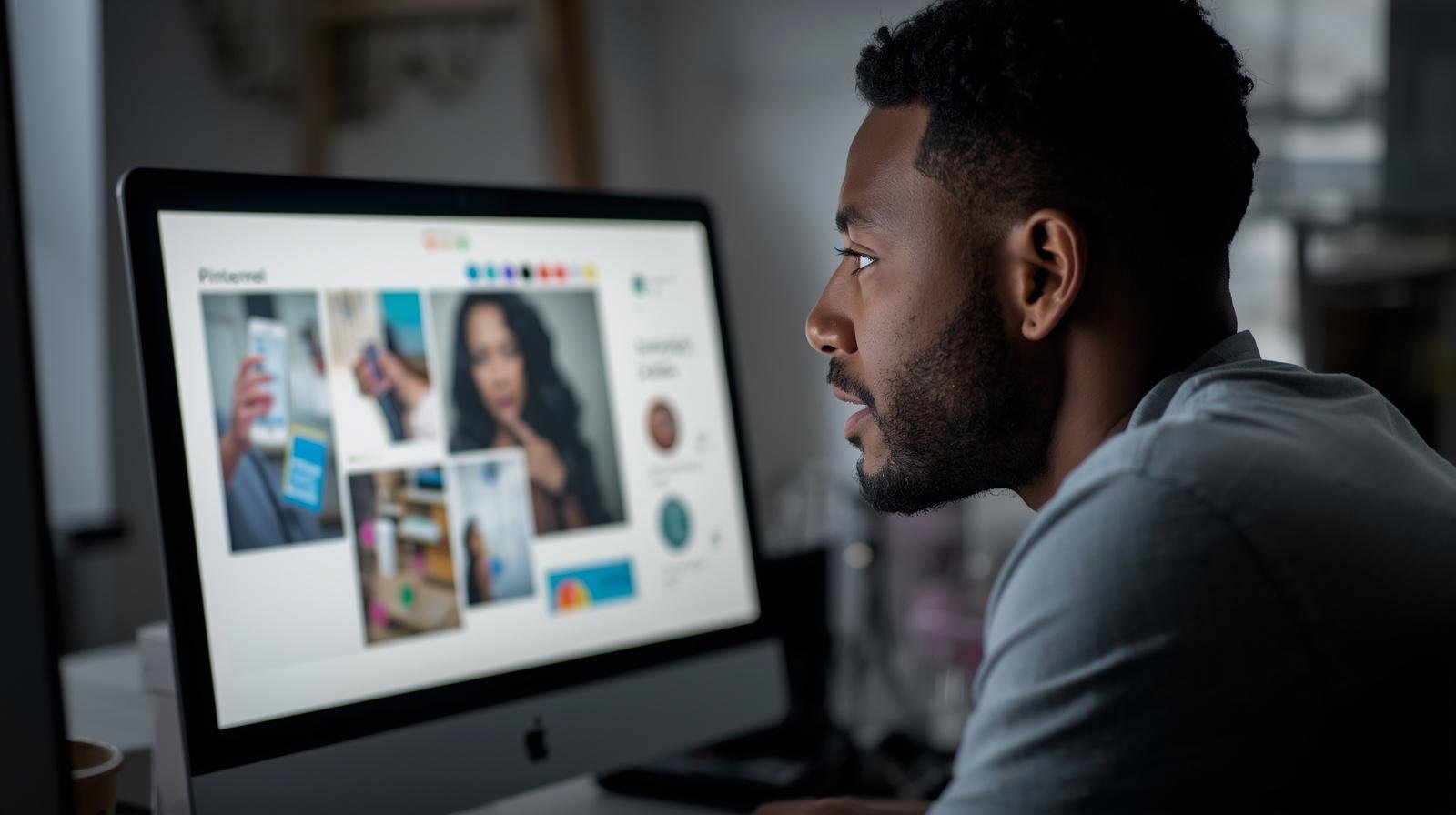 Young black man looking at screen with his Pinterest image designs for How to create your first Pinterest Pin in Canva - Step-by-step’ article.