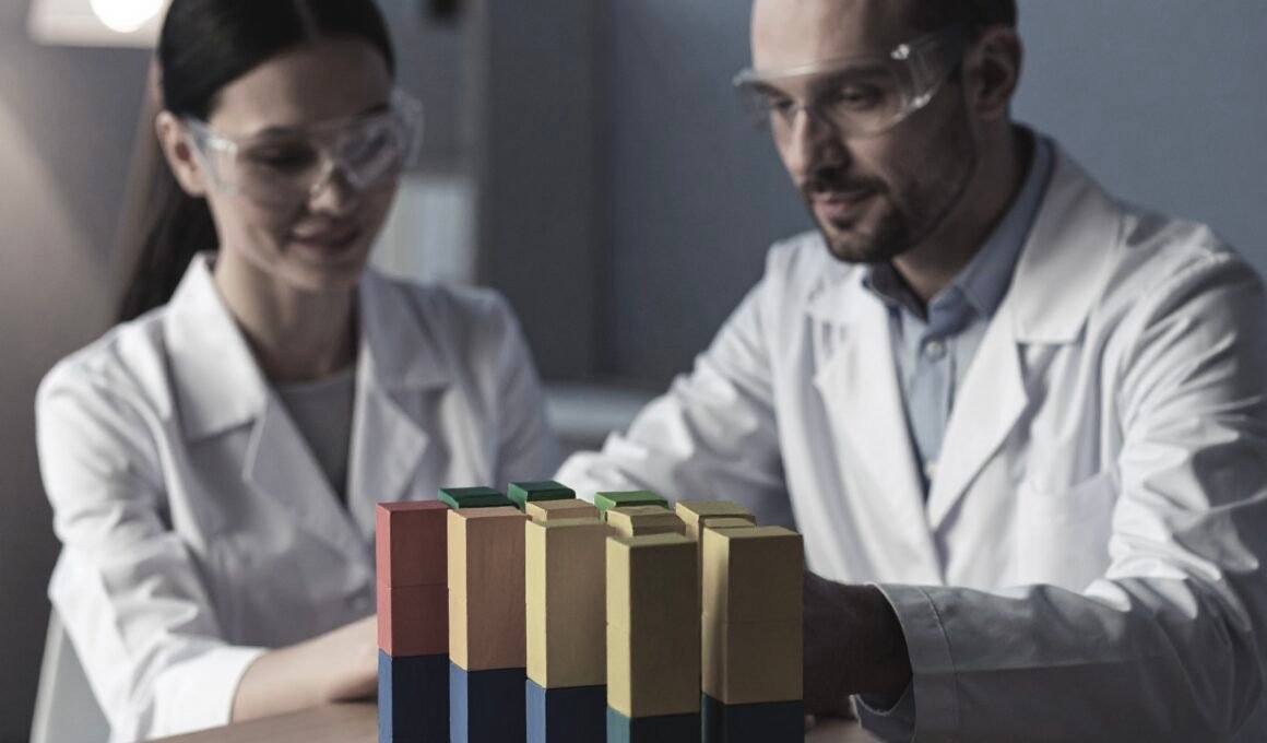 A man and a woman in lab coats in a laboratory looking at multicolour building blocks symbolising and testing blogging platforms - a feature image for the article titled Men and women in lab coats in a laboratory symbolising experimenting with blogging themes - a feature image for the article titled 'Recipe Sites – Best Platforms and Emerging Ones in 2026'