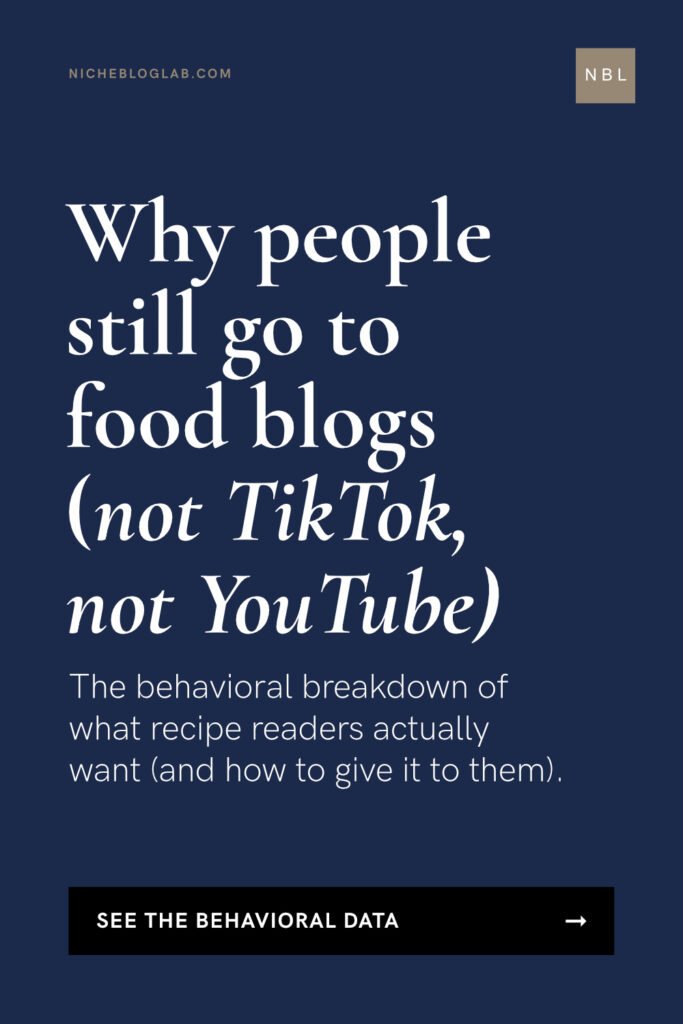 A pinterest pin graphic insolid navy blue with bold white headline: Why people still go to food blogs (not TikTok, not YouTube)