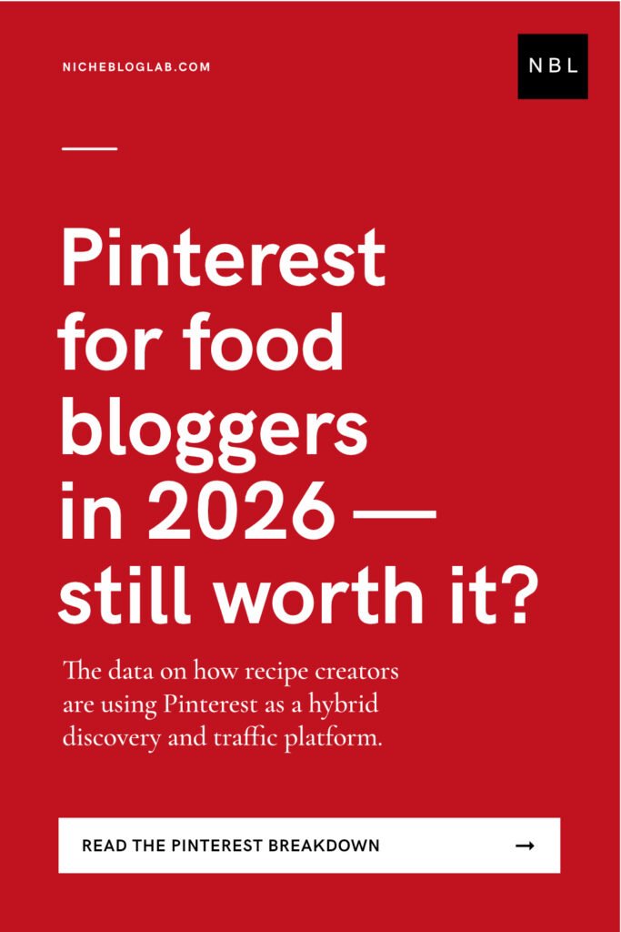 Solid red Pinterest pin graphic with bold headline "Recipe Platforms – Pinterest for Food Bloggers in 2026: Still Worth It?"