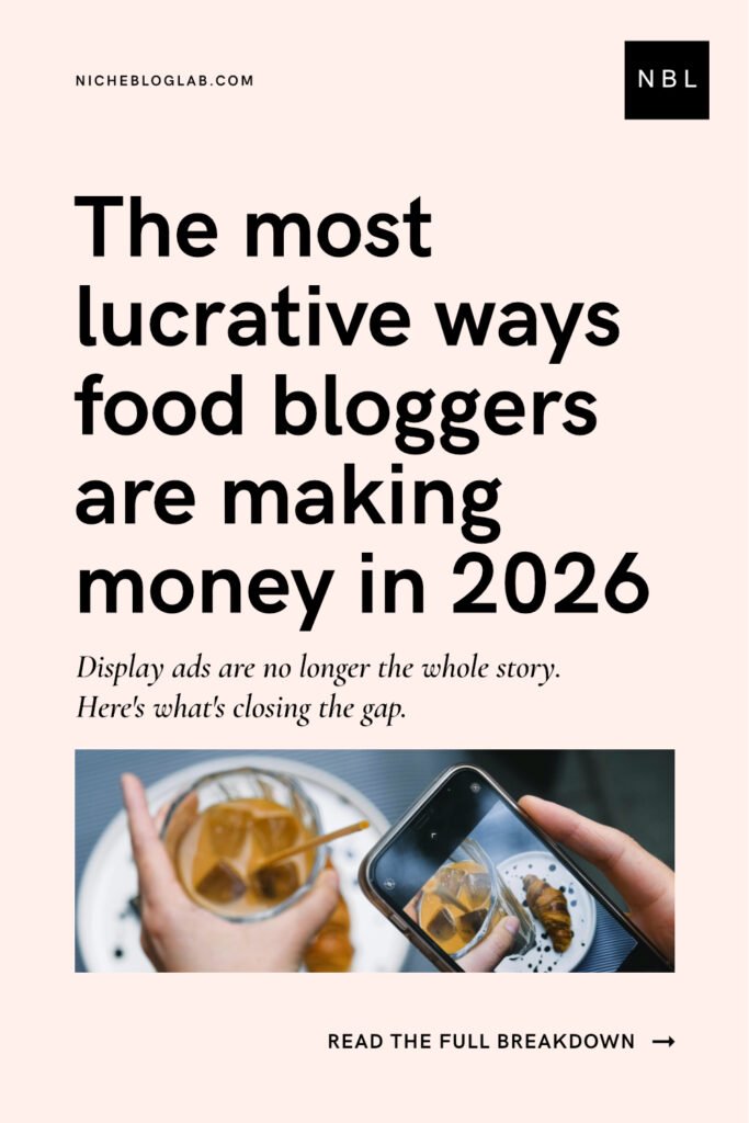 Pinterest Pin graphic showing a hand holding a smart phone camera over a glass of homemade iced coffee, photographing it for a food or recipe blog: for the article about Recipe Platforms – The Most Lucrative Ways Food Bloggers Are Making Money in 2026