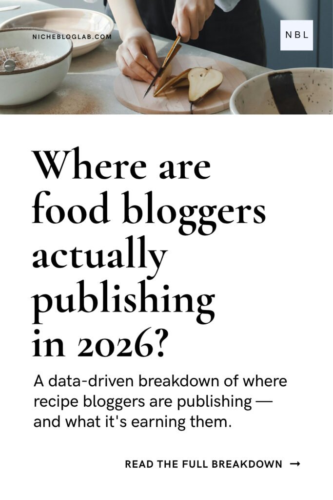 Pin with awhite female cutting pears for the Pinterest pin graphic titled: Where are Food Bloggers Actually Publishing in 2026?