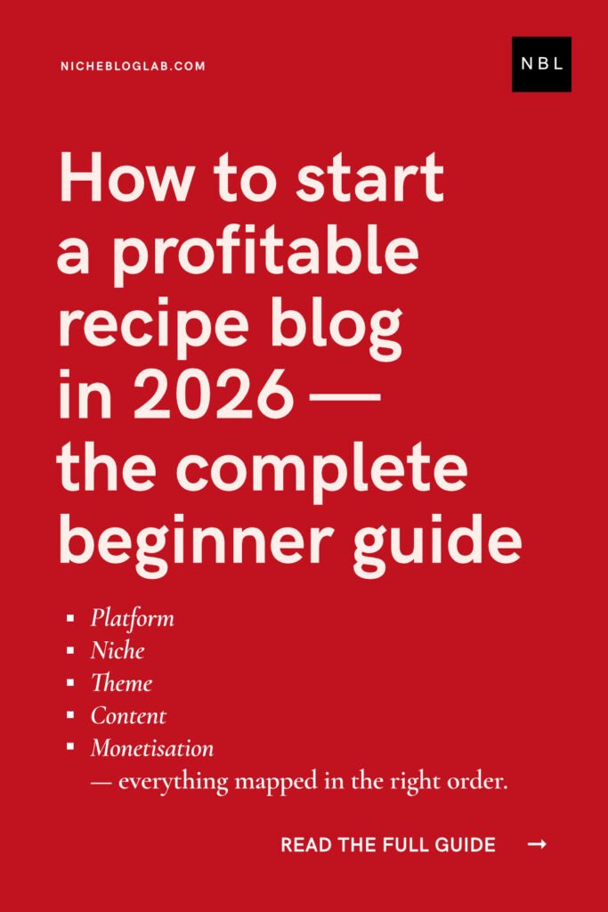 A pInterest pin graphic with a solid bright red background with a bold, sans serif font headline "How to Start a Profitable Recipe Blog in 2026 — Complete Beginner Guide"