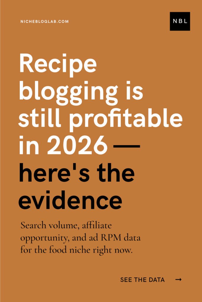 A Pinterest pin graphic with a solid bronze colour background and a large, bold, sans-serif font headline in black and white combo, "Recipe Blogging Is Still Profitable in 2026 — Here’s the Evidence. It promotes the article 'How to Start a Profitable Recipe Blog in 2026'.