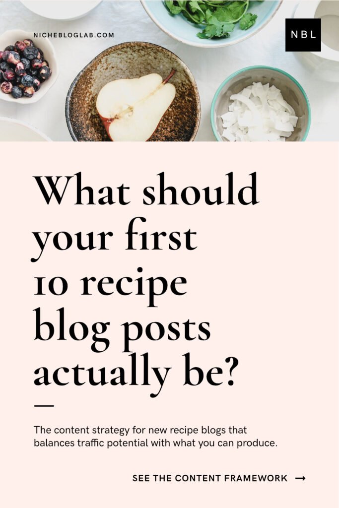 A Pinterest pin graphic on a soft blush pink background with a small image of healthy recipe ingredients in bowls at the top. The large, black serif font headline displays "What Should Your First 10 Recipe Blog Posts Actually Be?". It promotes the article 'How to Start a Profitable Recipe Blog in 2026'.