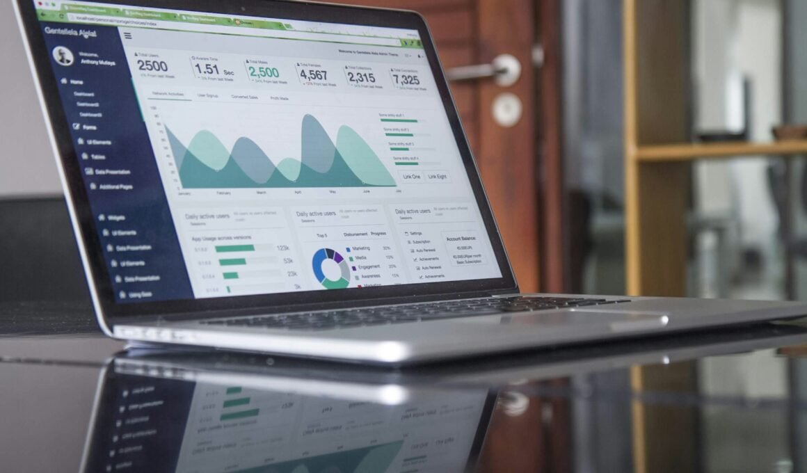 photo of a silver Macbook Pro open on desk surface with a graphic of data viz or data chart on the screen in white and greens, depicting affiliate marketing income.