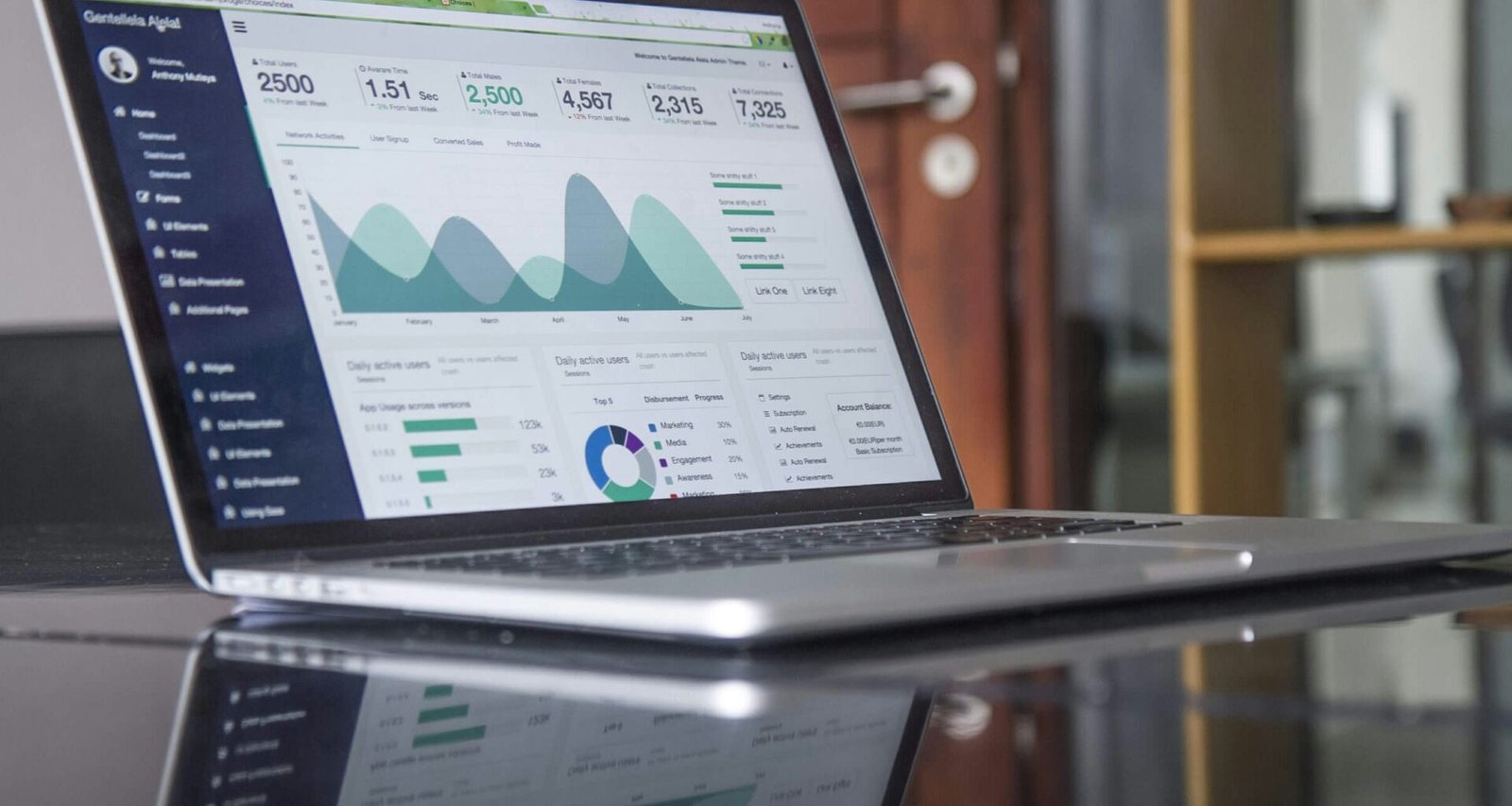 photo of a silver Macbook Pro open on desk surface with a graphic of data viz or data chart on the screen in white and greens, depicting affiliate marketing income.
