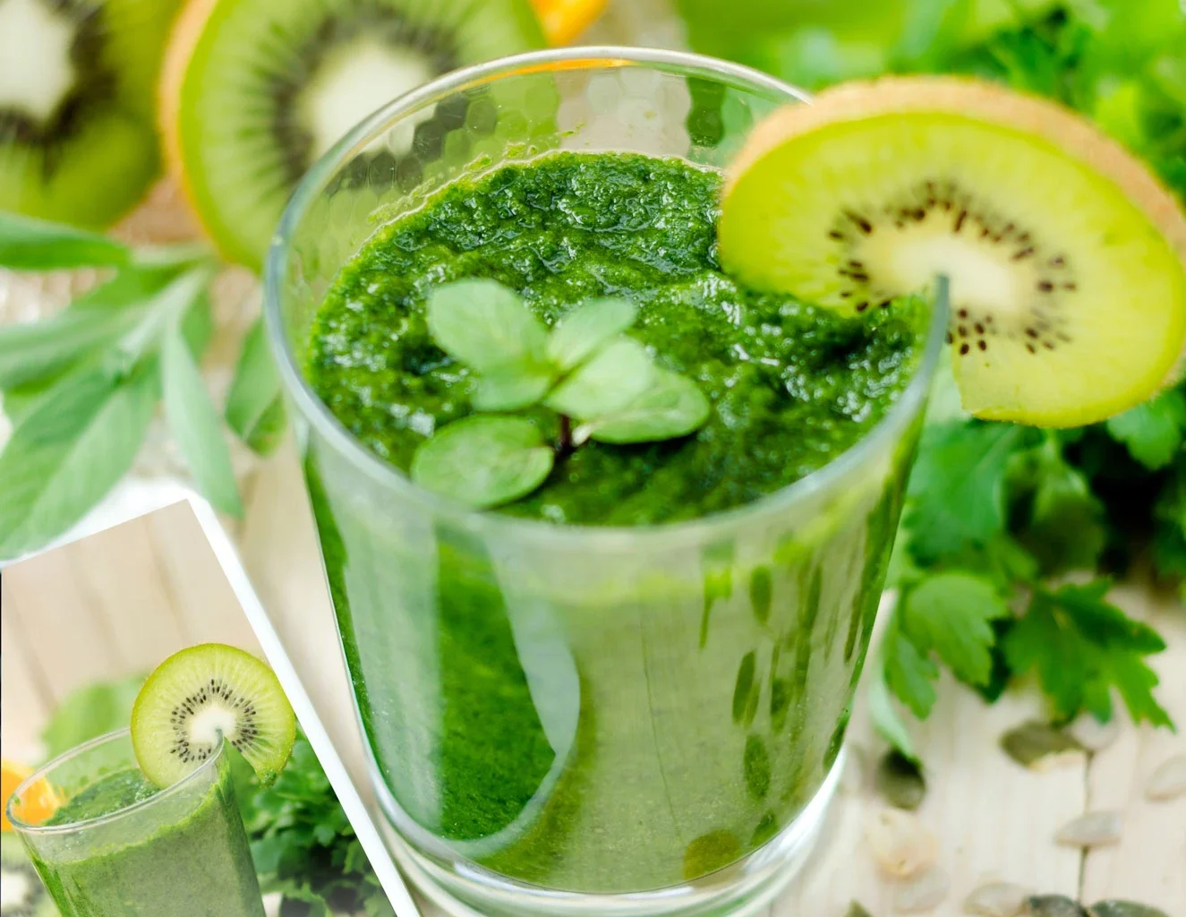 glass of green juice surrounded by fruits and seeds denoting Clear Eczema Naturally: Best Foods for Healthy Skin
